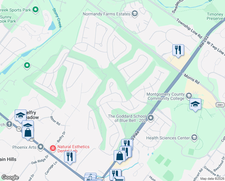 map of restaurants, bars, coffee shops, grocery stores, and more near 145 Canterbury Lane in Blue Bell