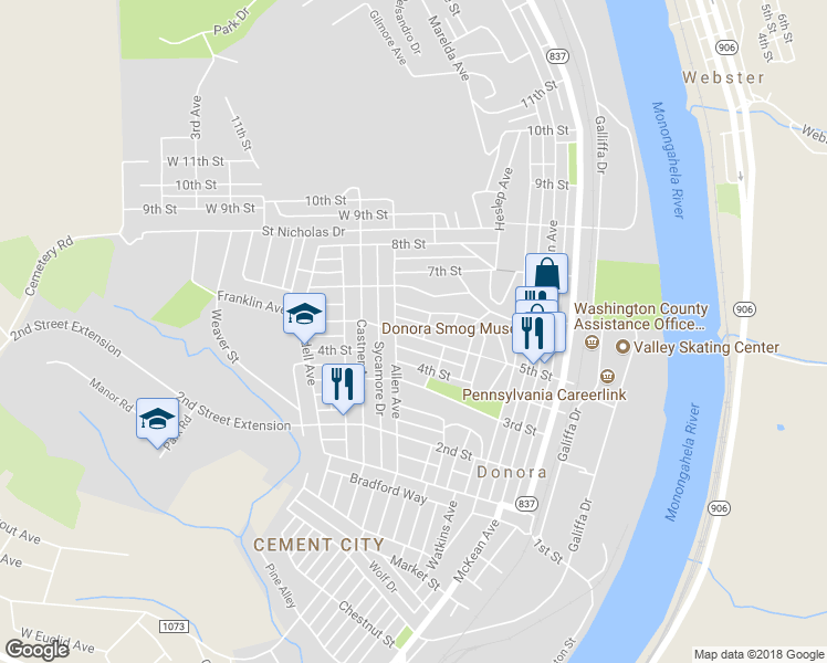 map of restaurants, bars, coffee shops, grocery stores, and more near 474 5th Street in Donora