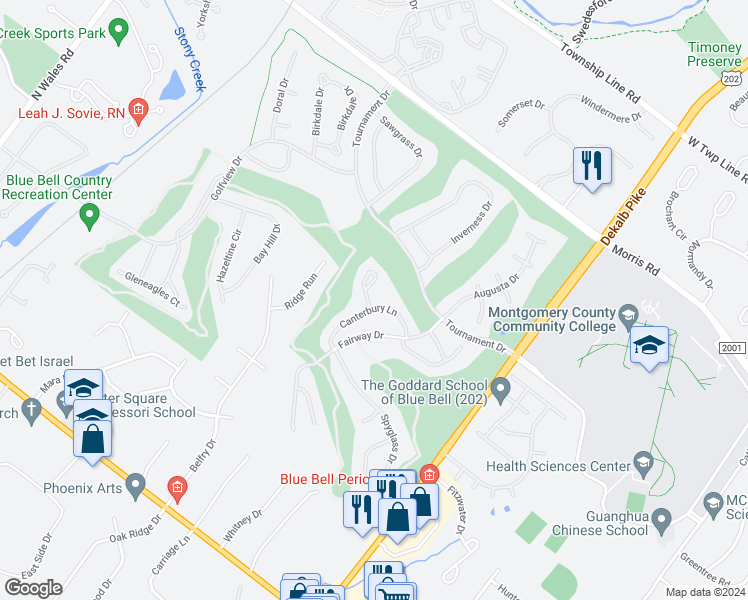 map of restaurants, bars, coffee shops, grocery stores, and more near 203 Canterbury Court in Blue Bell