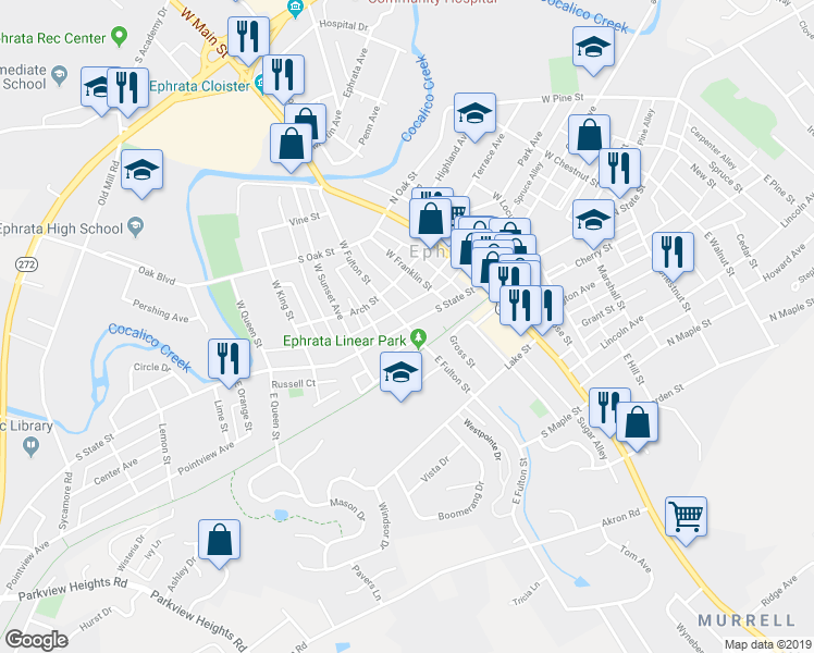 map of restaurants, bars, coffee shops, grocery stores, and more near 200 South State Street in Ephrata