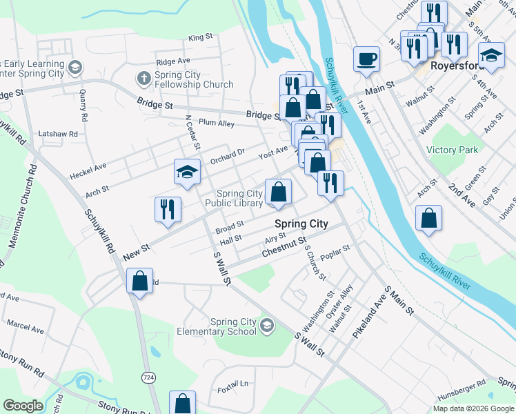 map of restaurants, bars, coffee shops, grocery stores, and more near 35 North Penn Street in Spring City