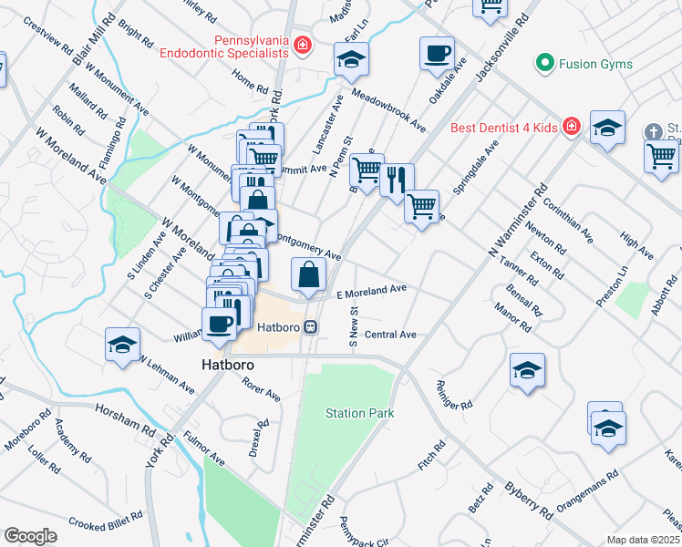 map of restaurants, bars, coffee shops, grocery stores, and more near 20 Jacksonville Road in Hatboro