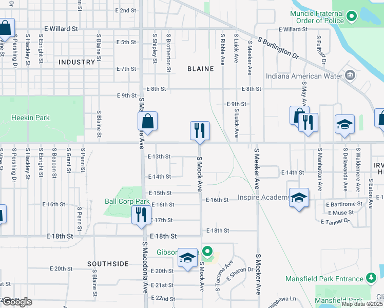map of restaurants, bars, coffee shops, grocery stores, and more near 2014 East 13th Street in Muncie