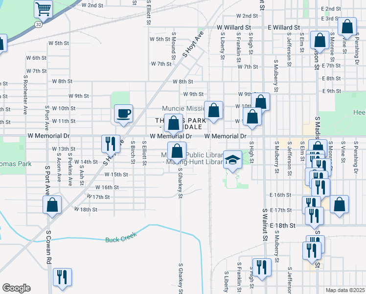map of restaurants, bars, coffee shops, grocery stores, and more near 1924 South Gharkey Street in Muncie