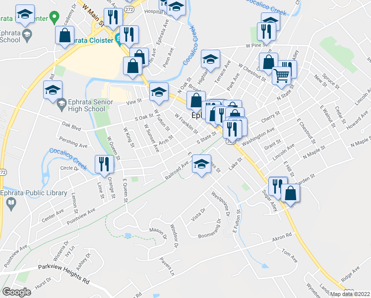 map of restaurants, bars, coffee shops, grocery stores, and more near East Fulton Street & West Fulton Street in Ephrata