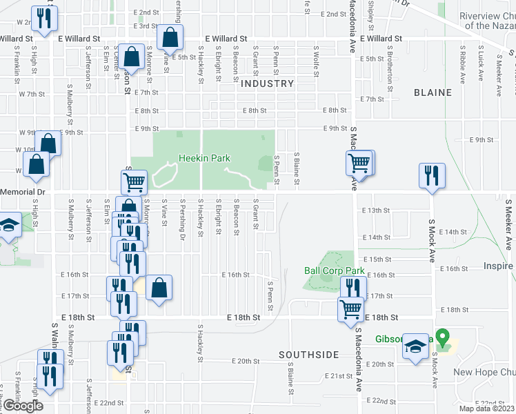 map of restaurants, bars, coffee shops, grocery stores, and more near 1200 East 13th Street in Muncie