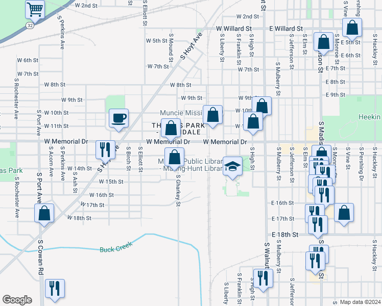 map of restaurants, bars, coffee shops, grocery stores, and more near 618 West 13th Street in Muncie