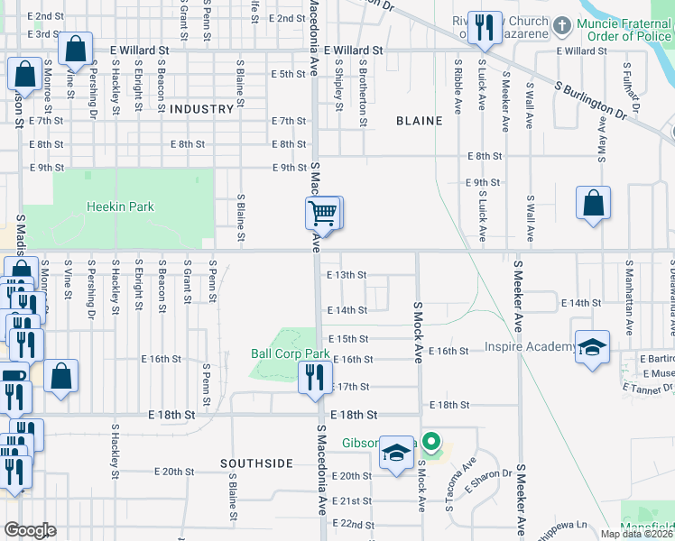map of restaurants, bars, coffee shops, grocery stores, and more near 1720 East 13th Street in Muncie