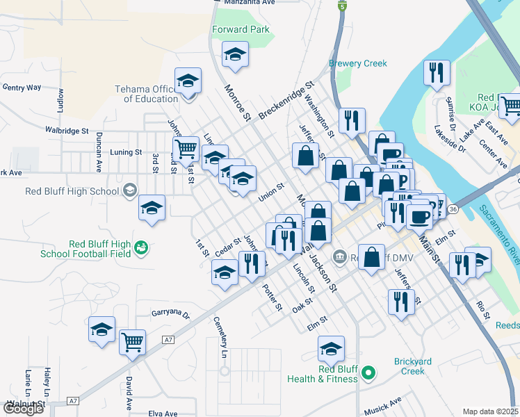 map of restaurants, bars, coffee shops, grocery stores, and more near 1044 Lincoln Street in Red Bluff