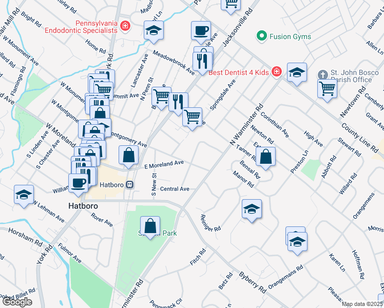 map of restaurants, bars, coffee shops, grocery stores, and more near 17 Manor Road in Hatboro