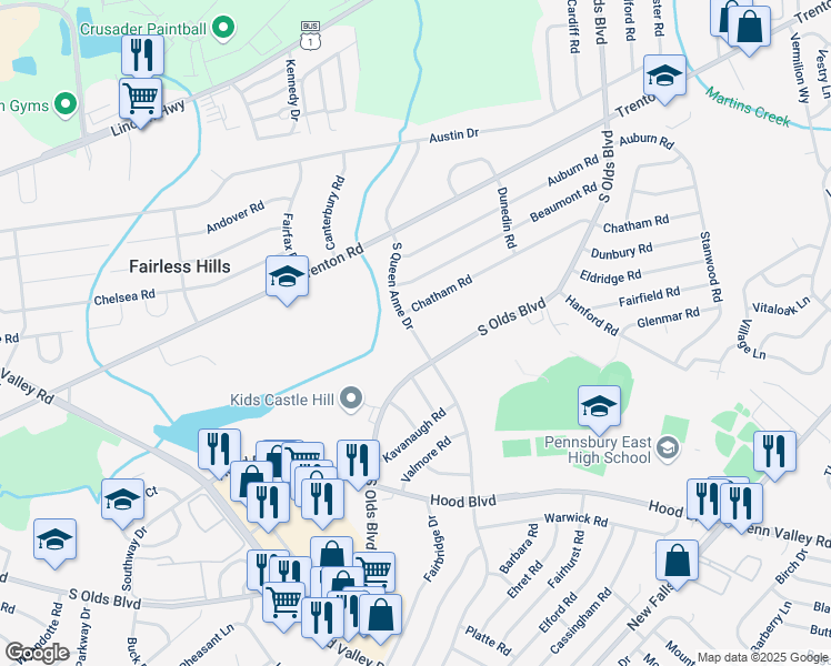 map of restaurants, bars, coffee shops, grocery stores, and more near 128 South Queen Anne Drive in Fairless Hills