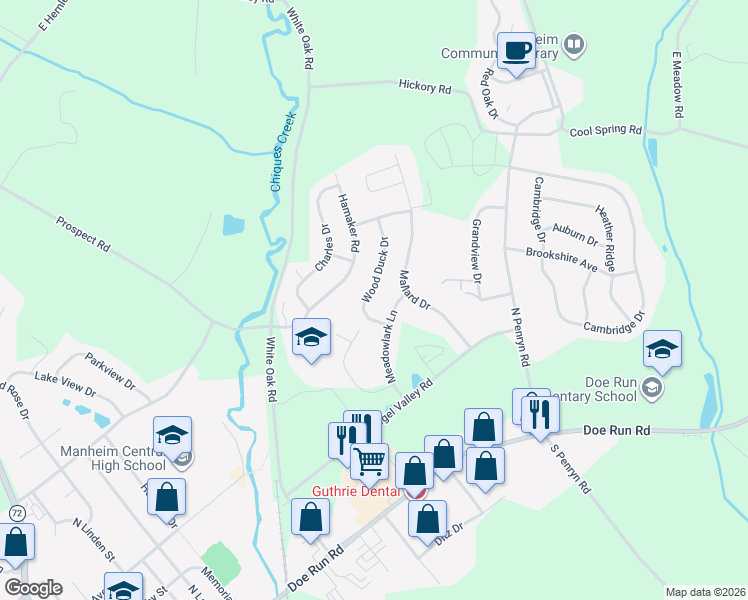 map of restaurants, bars, coffee shops, grocery stores, and more near 529 Wood Duck Drive in Manheim