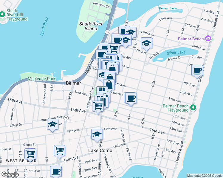 map of restaurants, bars, coffee shops, grocery stores, and more near 1101 Main Street in Belmar