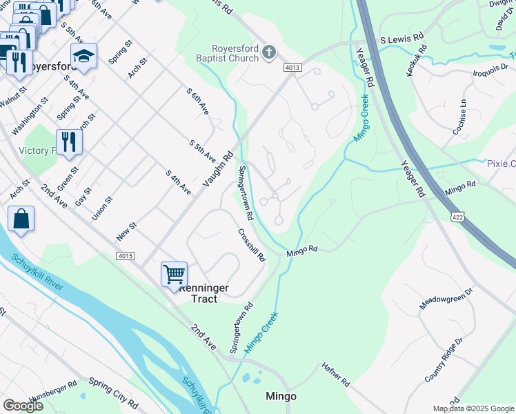 map of restaurants, bars, coffee shops, grocery stores, and more near 80 Roboda Boulevard in Royersford