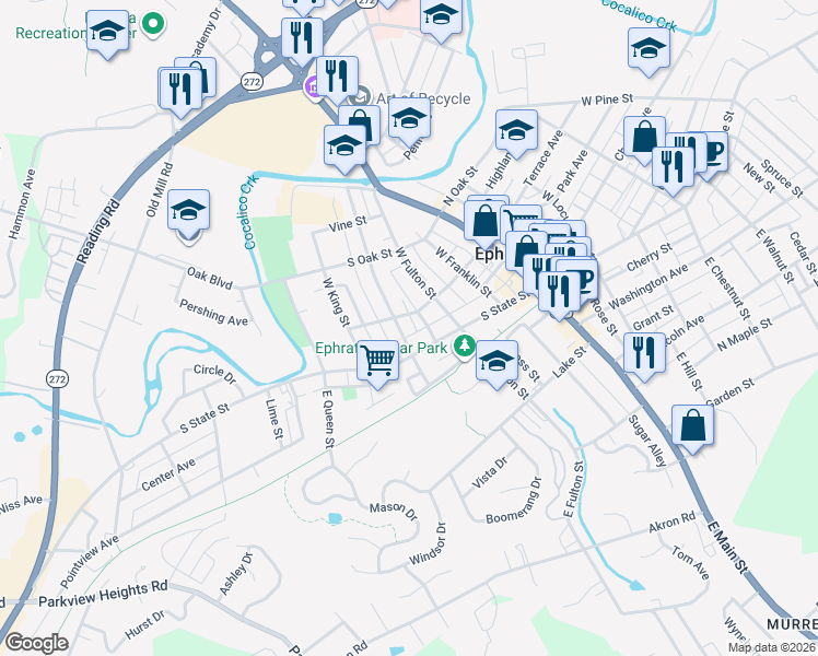 map of restaurants, bars, coffee shops, grocery stores, and more near 233 Hunter Alley in Ephrata