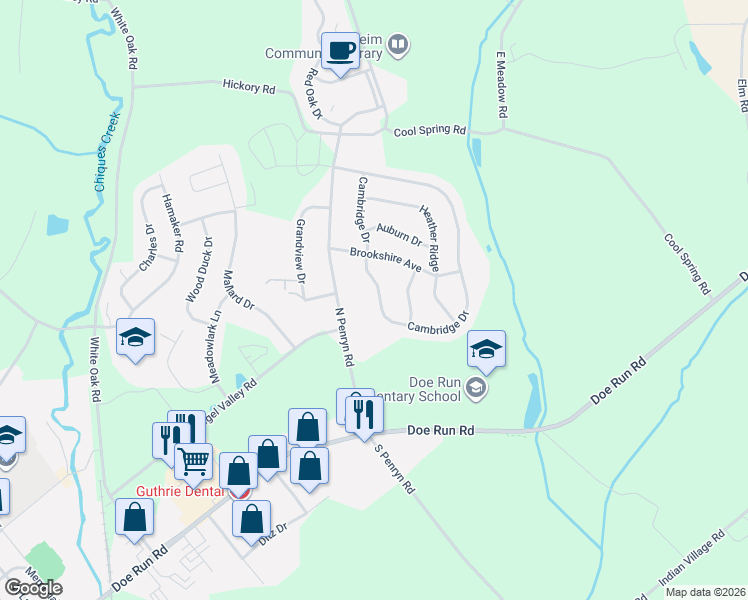 map of restaurants, bars, coffee shops, grocery stores, and more near 1062 Cambridge Drive in Manheim