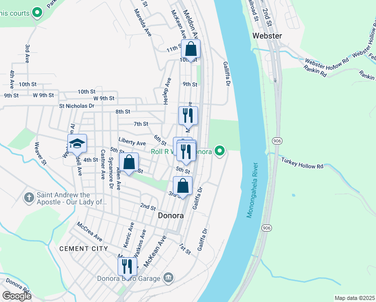 map of restaurants, bars, coffee shops, grocery stores, and more near 599 Meldon Avenue in Donora