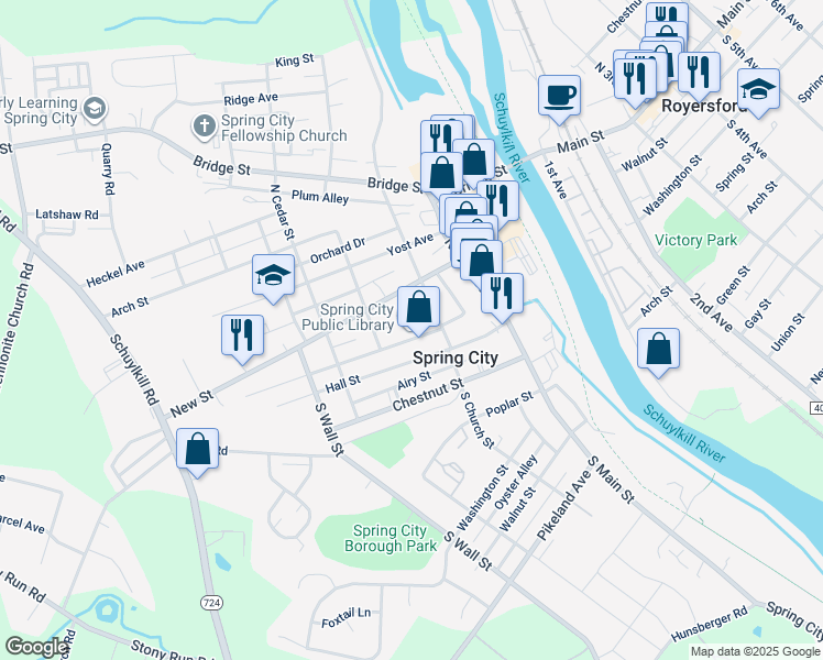 map of restaurants, bars, coffee shops, grocery stores, and more near 235 Broad Street in Spring City