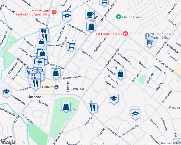 map of restaurants, bars, coffee shops, grocery stores, and more near 17 Manor Road in Hatboro
