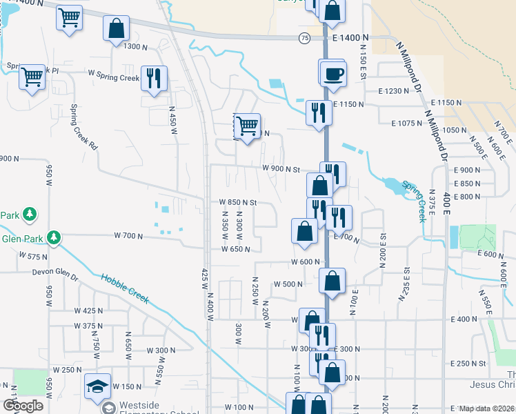 map of restaurants, bars, coffee shops, grocery stores, and more near 235 West 850 North Street in Springville