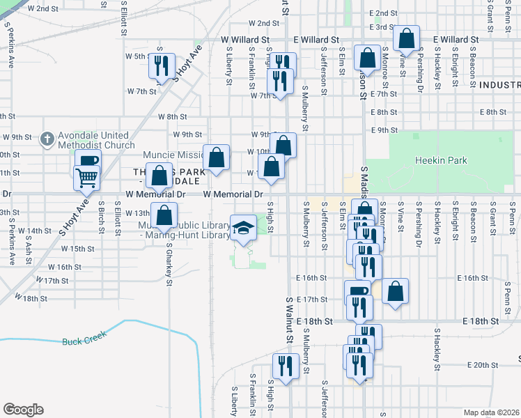 map of restaurants, bars, coffee shops, grocery stores, and more near 1921 South High Street in Muncie