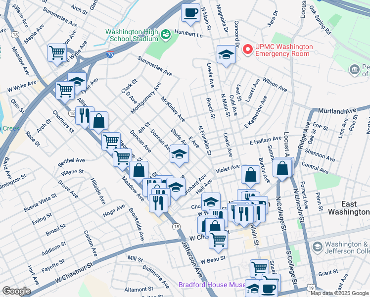map of restaurants, bars, coffee shops, grocery stores, and more near 365 Shirls Avenue in Washington