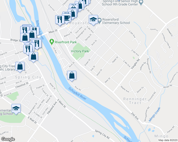 map of restaurants, bars, coffee shops, grocery stores, and more near 530 2nd Avenue in Royersford