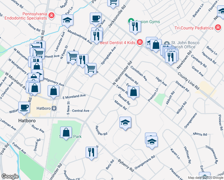 map of restaurants, bars, coffee shops, grocery stores, and more near 112 N Warminster Rd in Hatboro