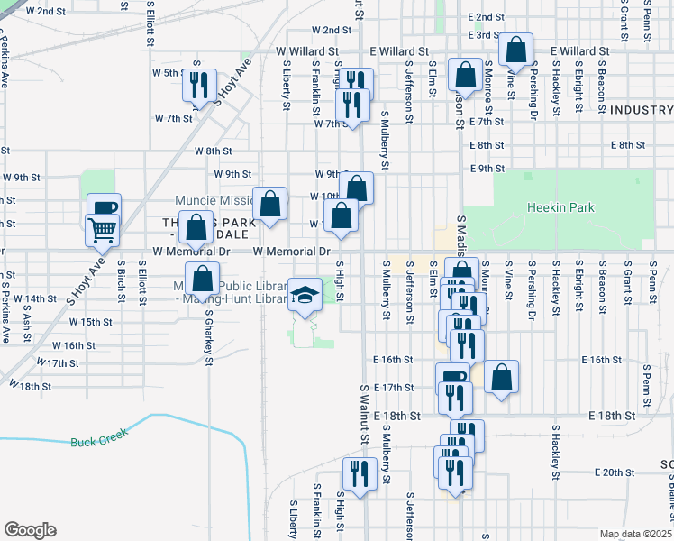 map of restaurants, bars, coffee shops, grocery stores, and more near 1921 South High Street in Muncie
