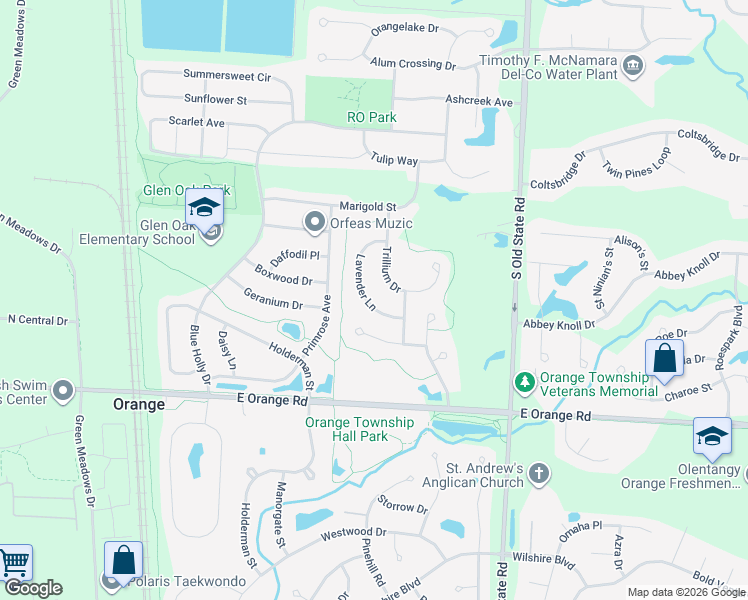 map of restaurants, bars, coffee shops, grocery stores, and more near 7315 Lavender Lane in Lewis Center