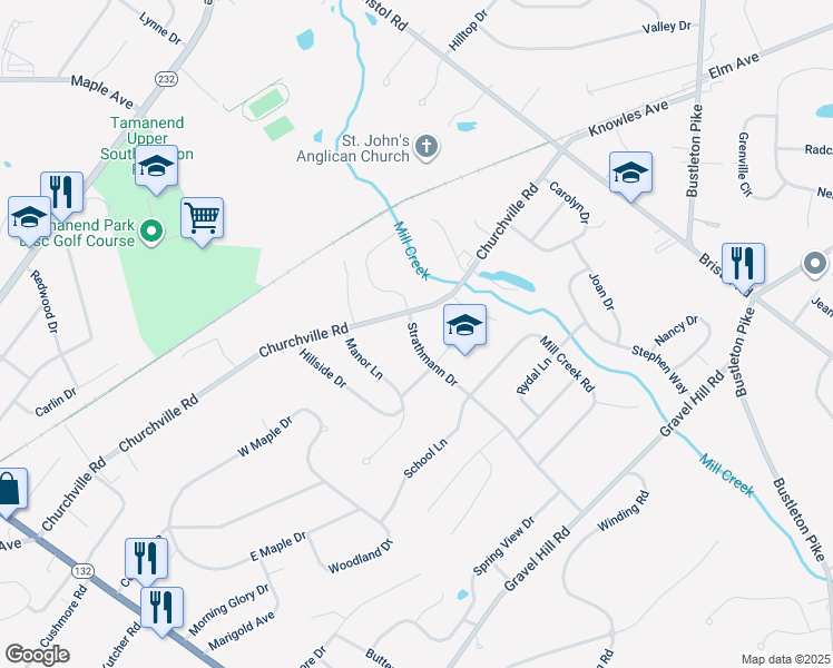 map of restaurants, bars, coffee shops, grocery stores, and more near 1239 Strathmann Drive in Southampton