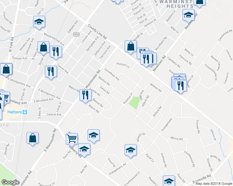 map of restaurants, bars, coffee shops, grocery stores, and more near 430 Newton Road in Hatboro