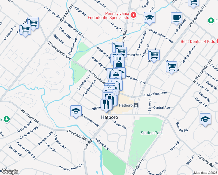 map of restaurants, bars, coffee shops, grocery stores, and more near Manchester Drive in Hatboro