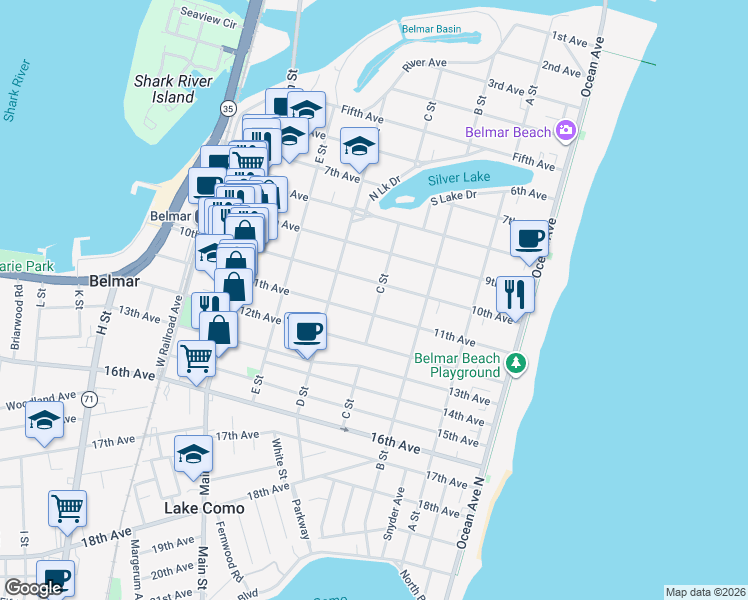 map of restaurants, bars, coffee shops, grocery stores, and more near 402 11th Avenue in Belmar