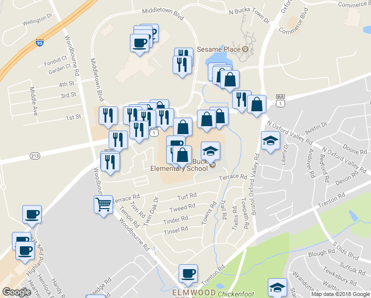 map of restaurants, bars, coffee shops, grocery stores, and more near 2339 East Lincoln Highway in Langhorne
