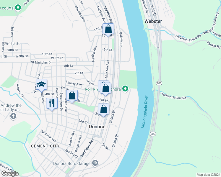 map of restaurants, bars, coffee shops, grocery stores, and more near 599 Meldon Avenue in Donora