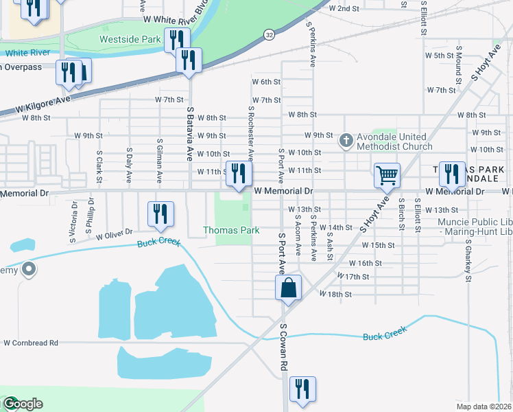 map of restaurants, bars, coffee shops, grocery stores, and more near 1816 West 13th Street in Muncie