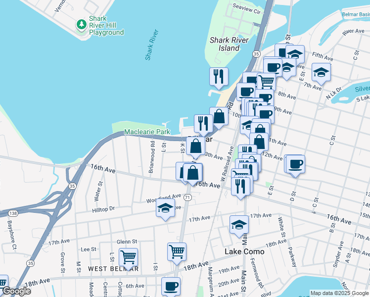 map of restaurants, bars, coffee shops, grocery stores, and more near 912 13th Avenue in Belmar