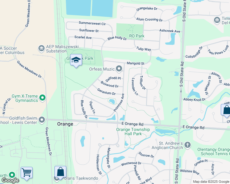 map of restaurants, bars, coffee shops, grocery stores, and more near 1641 Geranium Drive in Lewis Center