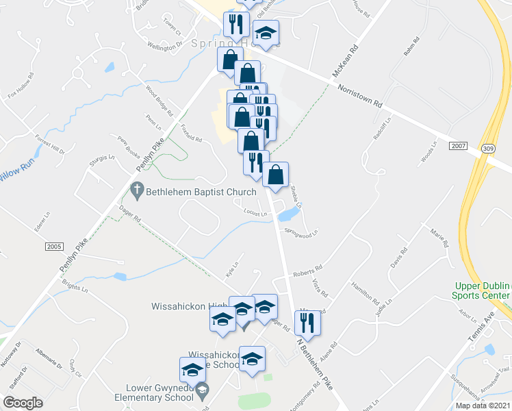 map of restaurants, bars, coffee shops, grocery stores, and more near 806 Poplar Court in Ambler