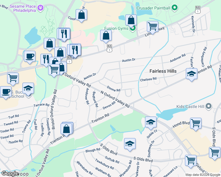 map of restaurants, bars, coffee shops, grocery stores, and more near 267 Doone Road in Fairless Hills