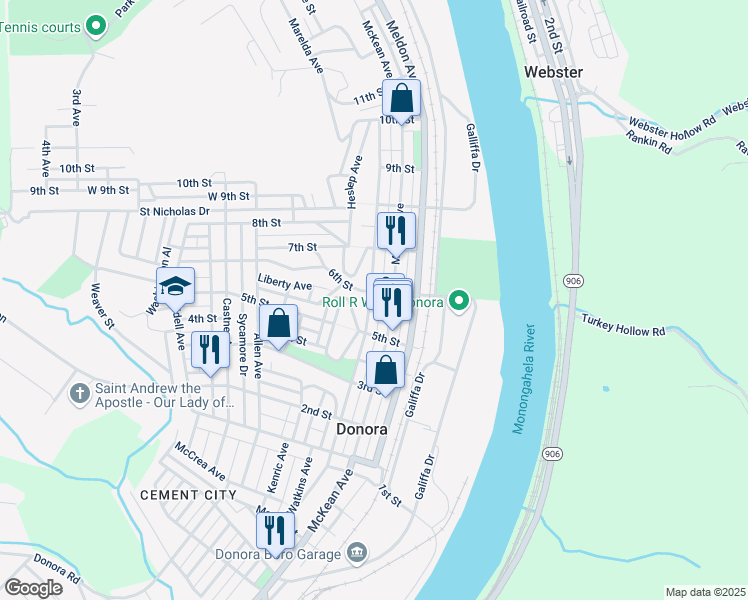 map of restaurants, bars, coffee shops, grocery stores, and more near 572 Thompson Avenue in Donora