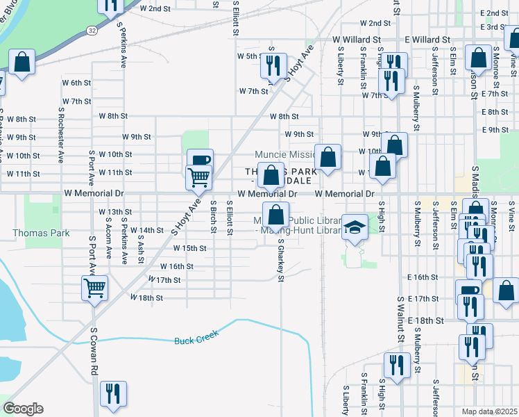 map of restaurants, bars, coffee shops, grocery stores, and more near 802 West 13th Street in Muncie