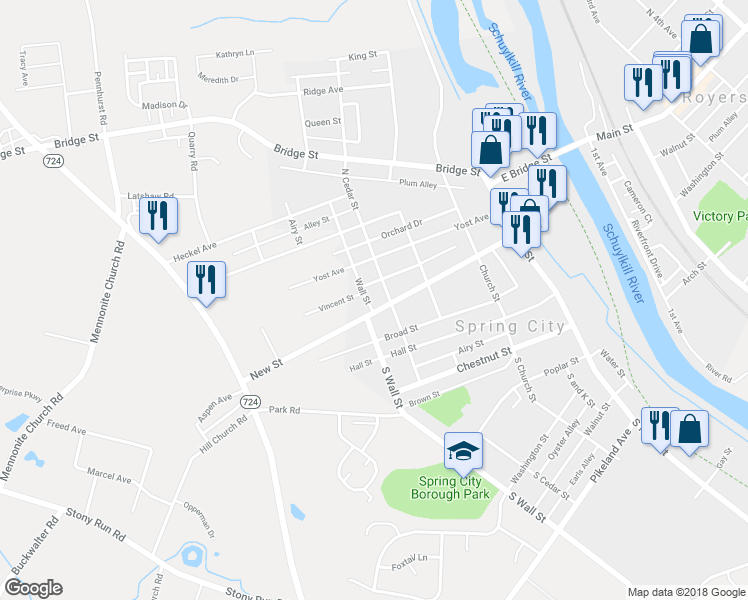 map of restaurants, bars, coffee shops, grocery stores, and more near 413 New Street in Spring City
