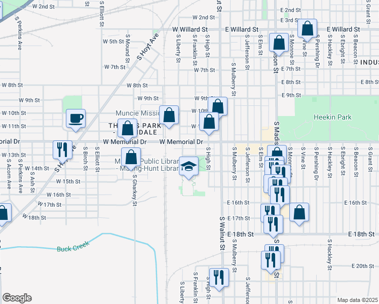 map of restaurants, bars, coffee shops, grocery stores, and more near 304 West 13th Street in Muncie