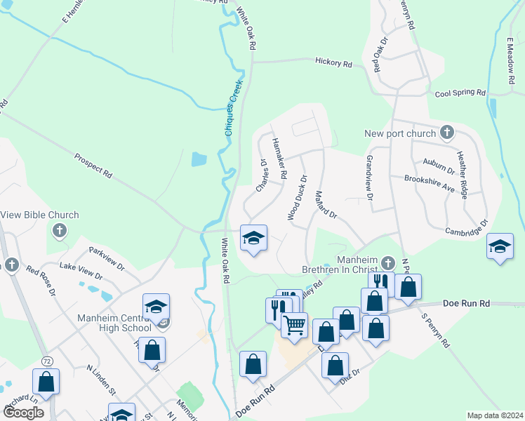 map of restaurants, bars, coffee shops, grocery stores, and more near 669 Hamaker Road in Manheim