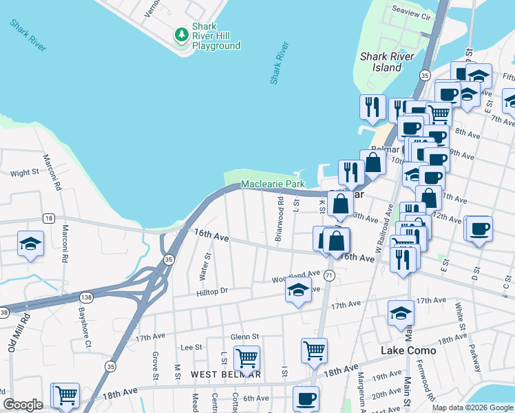 map of restaurants, bars, coffee shops, grocery stores, and more near 1216 Pine Tree Way in Belmar