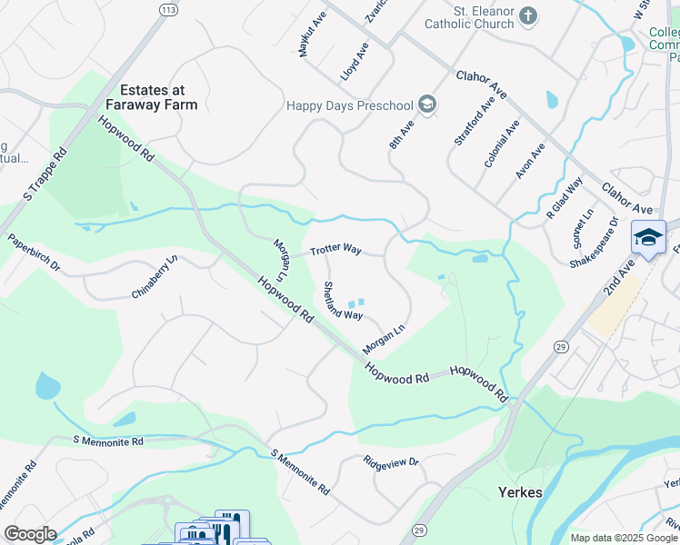 map of restaurants, bars, coffee shops, grocery stores, and more near 112 Shetland Way in Collegeville