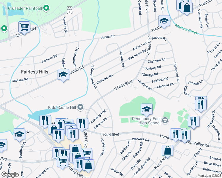 map of restaurants, bars, coffee shops, grocery stores, and more near 611 South Olds Boulevard in Fairless Hills