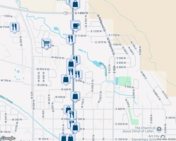 map of restaurants, bars, coffee shops, grocery stores, and more near 178 East 800 North in Springville